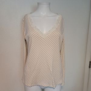 Boden L rayon blend polkadot lace trim longsleeve top